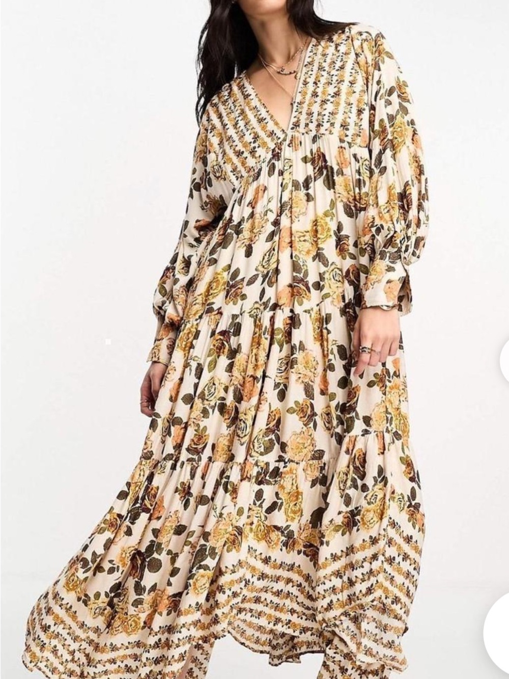 Free People Row of Roses Cream Maxi Dress with Yellow Floral Print